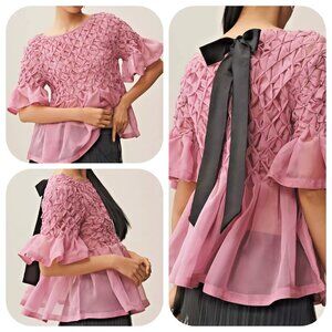 Anthropologie Maeve Short-Sleeve Rhinestone Sheer Babydoll Blouse Large/XL